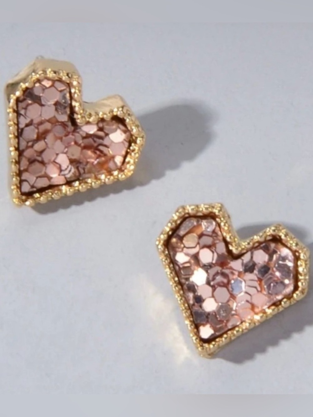 “Pink Sequin Heart” Dainty Tiny Mini Gold Love Valentines Sparkly Romance Studs